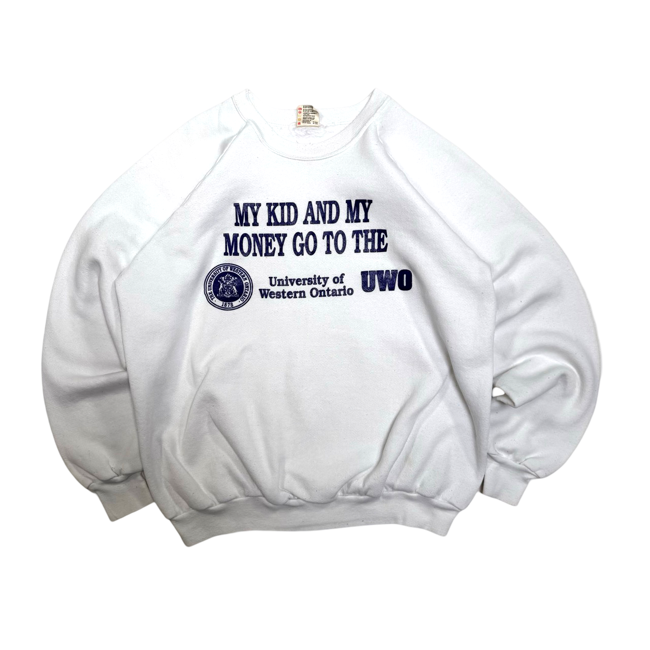 Vintage 90s Fruit of the Loom Western University My Kid and My Money Graphic Sweater
