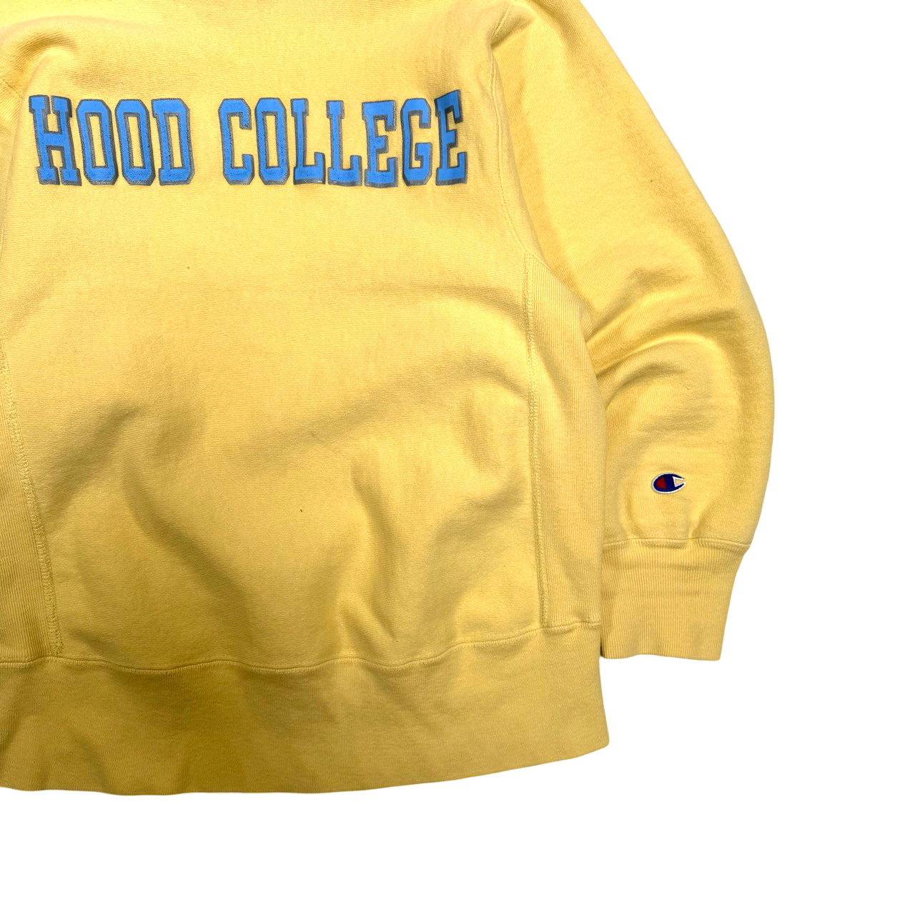 Vintage 1980s Champion Reverse Weave Warm Up Made in USA Hood College Graphic Sweater